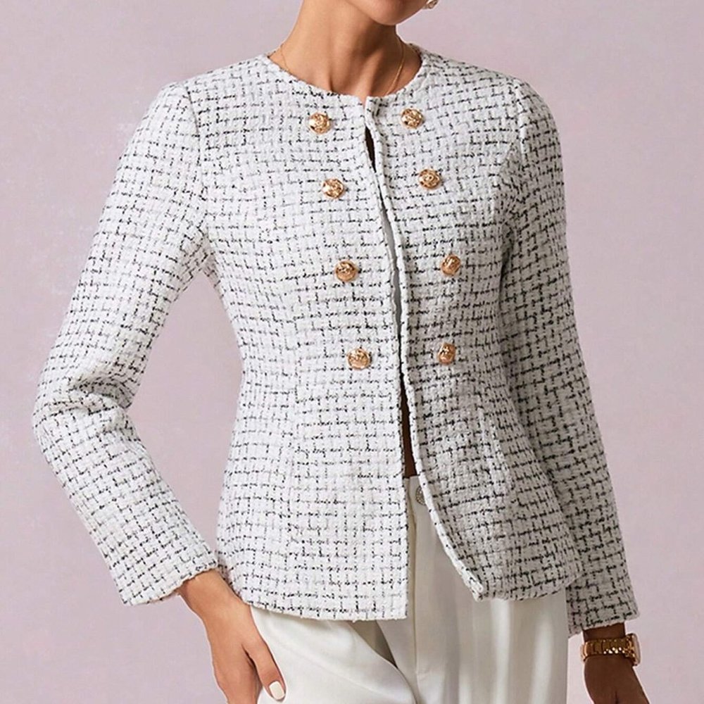 White Preppy Womens Plaid Pattern Double Breasted Tweed Overcoat - Picture 3 of 5